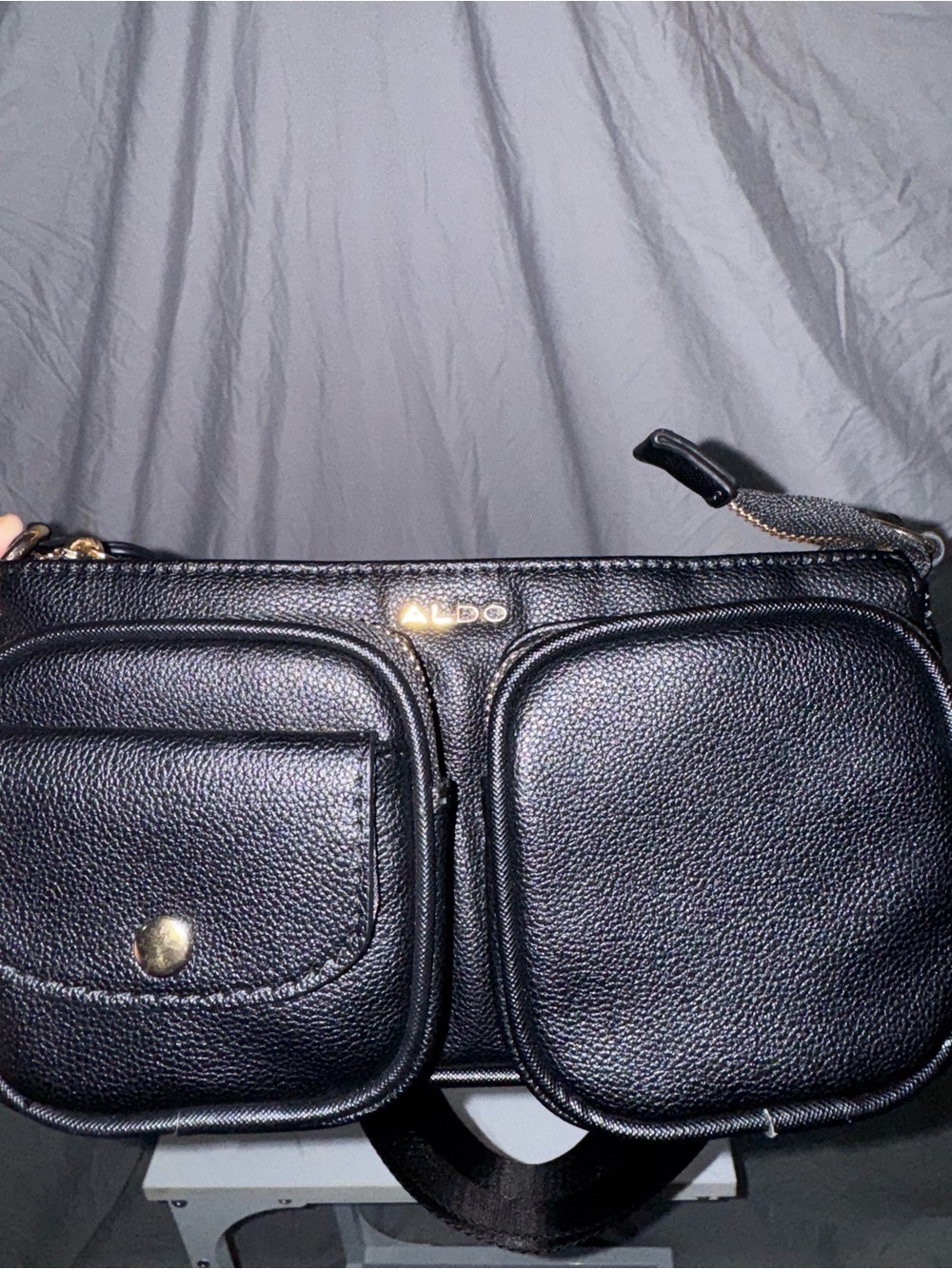 ALDO Black Pebbled Leather Dual Pocket Crossbody with Gold Accents